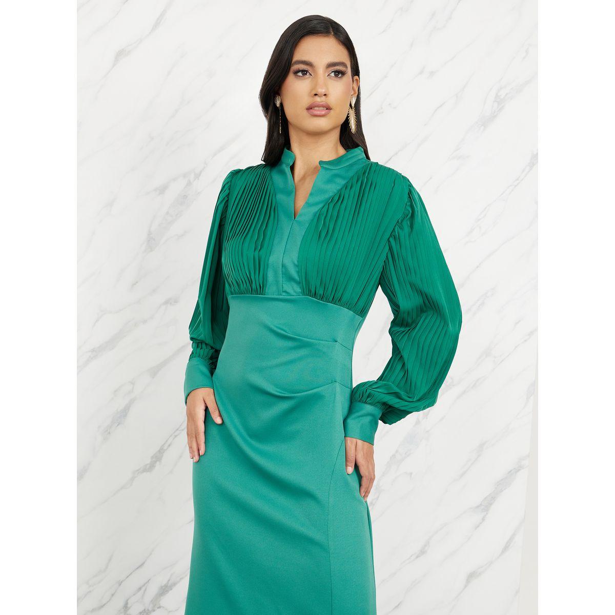Styli Pleated Notch Neck Maxi Dress with Front Slit-women-clothing-dresses-image-2