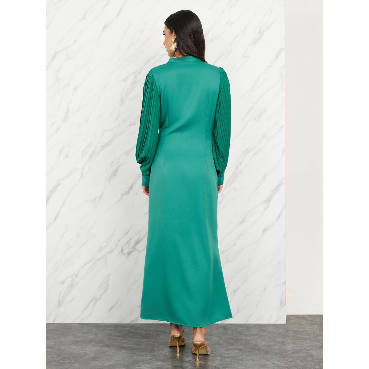 Styli Pleated Notch Neck Maxi Dress with Front Slit-women-clothing-dresses-image-4