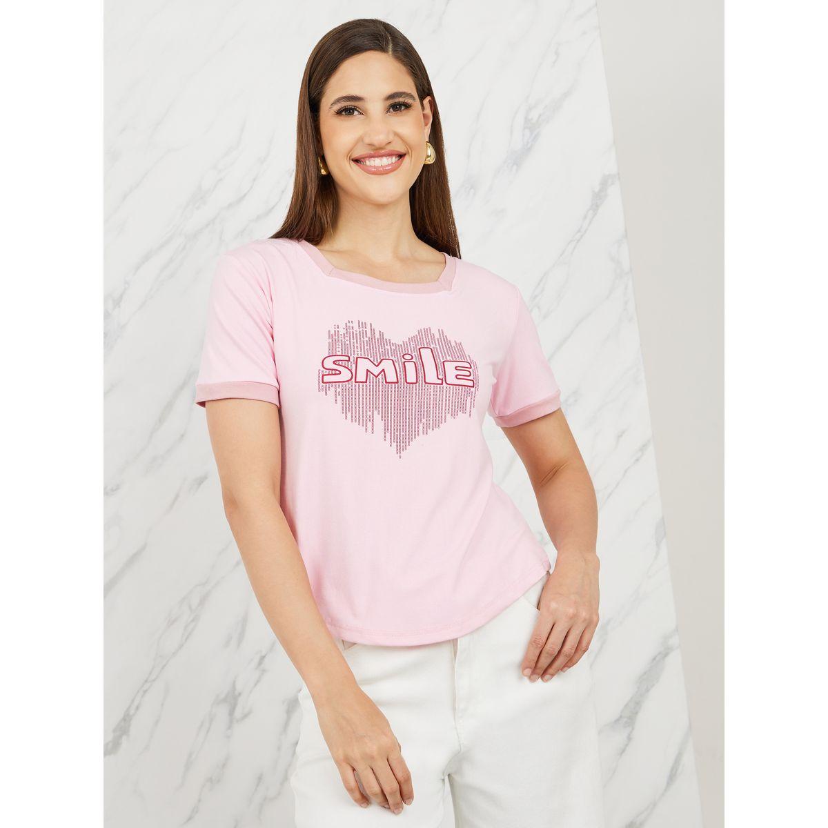 Styli Smile Graphic Print Square Neck Regular Fit T-Shirt-women-clothing-tshirts-image-1
