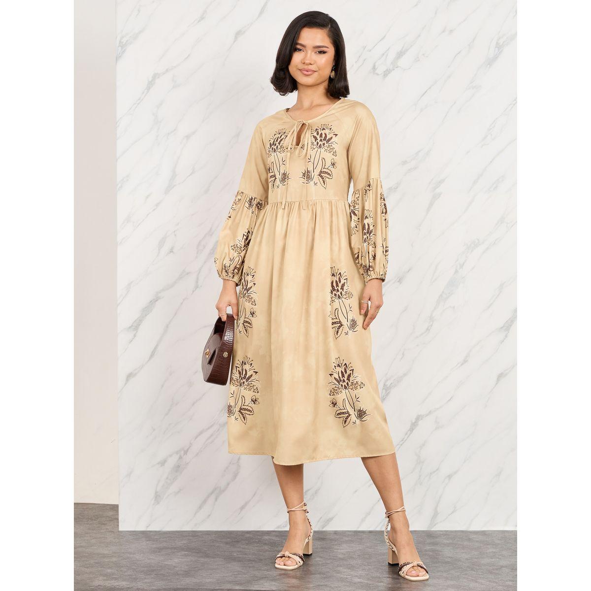 Styli Floral Print Tie Up Neck A-Line Midi Dress-women-clothing-dresses-image-1