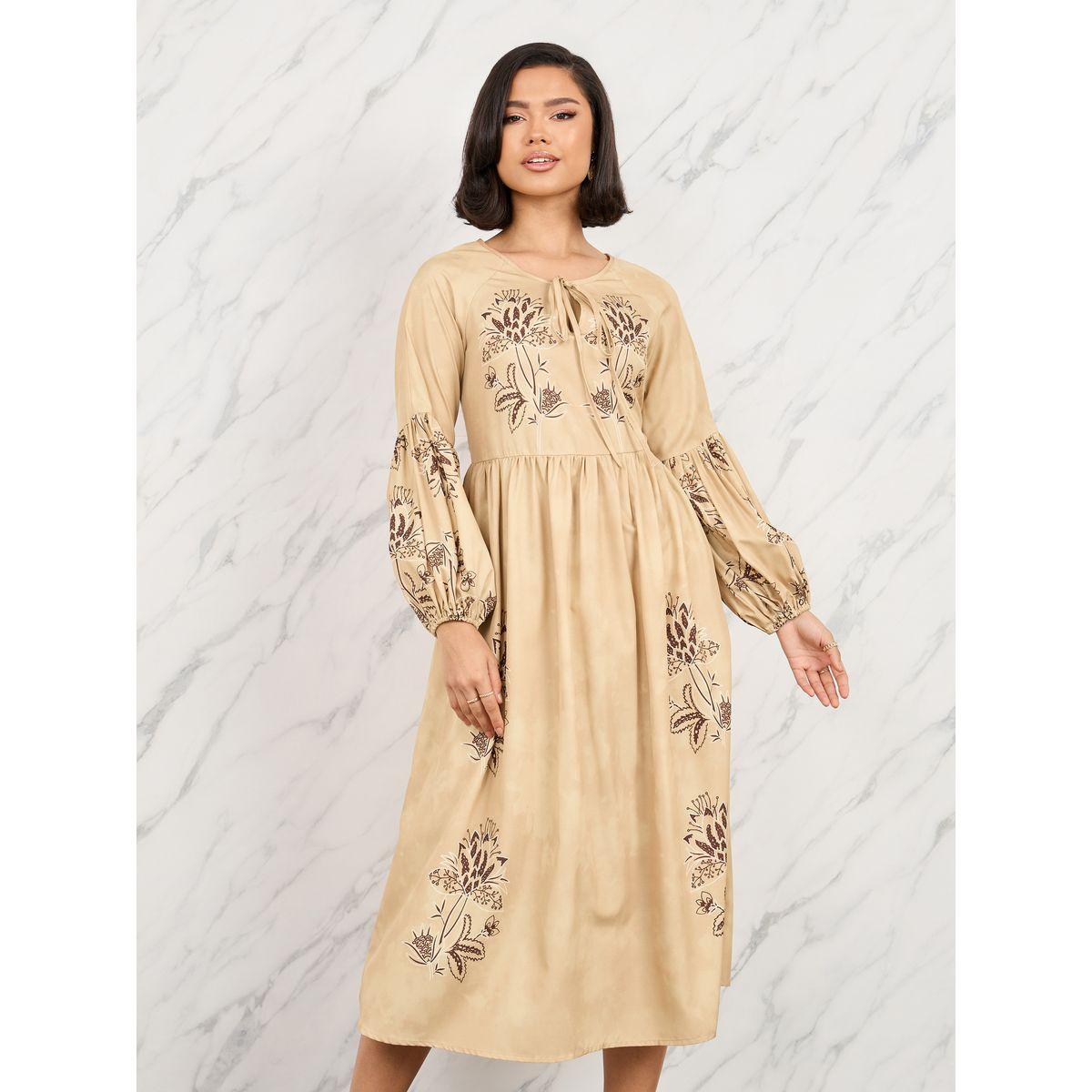 Styli Floral Print Tie Up Neck A-Line Midi Dress-women-clothing-dresses-image-2