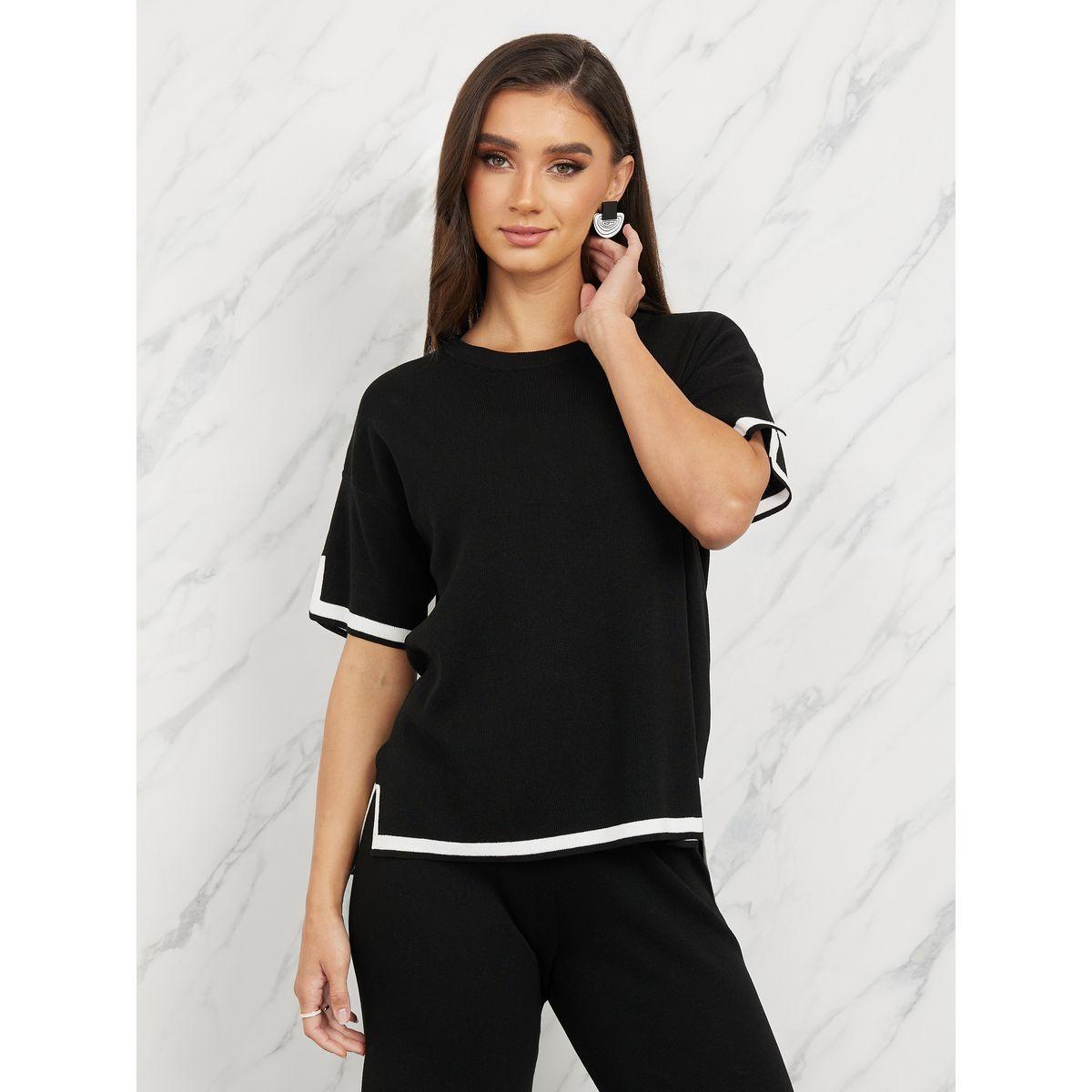 Styli Contrast Tipped Side Slit Detail Knit Blouse and Straight Leg Pant Set-women-clothing-coordsets-image-2