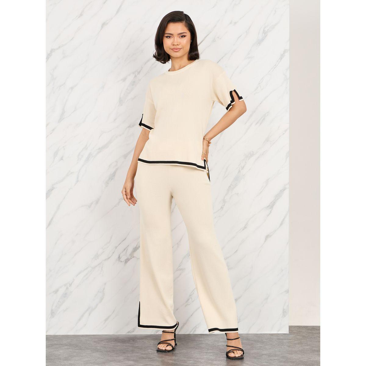 Styli Contrast Tipped Side Slit Detail Knit Blouse and Straight Leg Pant Set-women-clothing-coordsets-image-1