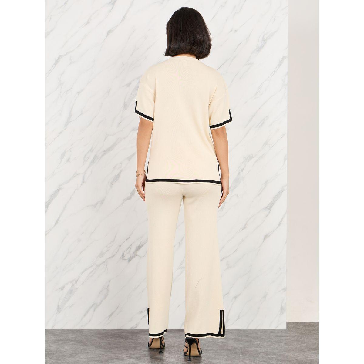 Styli Contrast Tipped Side Slit Detail Knit Blouse and Straight Leg Pant Set-women-clothing-coordsets-image-4