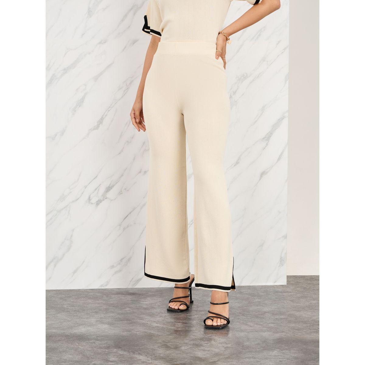 Styli Contrast Tipped Side Slit Detail Knit Blouse and Straight Leg Pant Set-women-clothing-coordsets-image-5