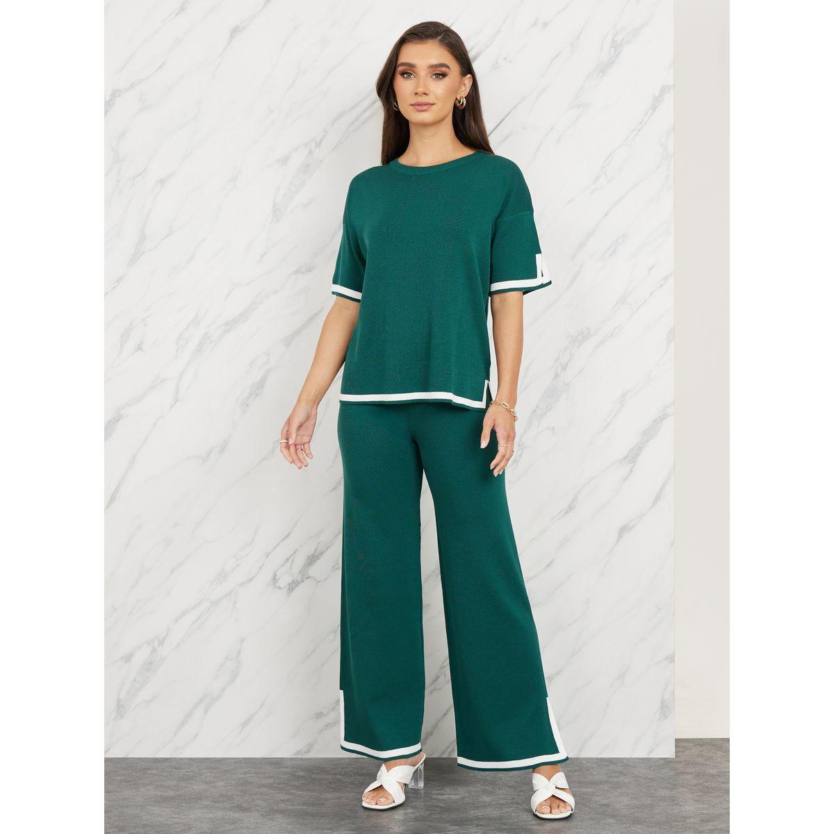 Styli Contrast Tipped Side Slit Detail Knit Blouse and Straight Leg Pant Set-women-clothing-coordsets-image-1