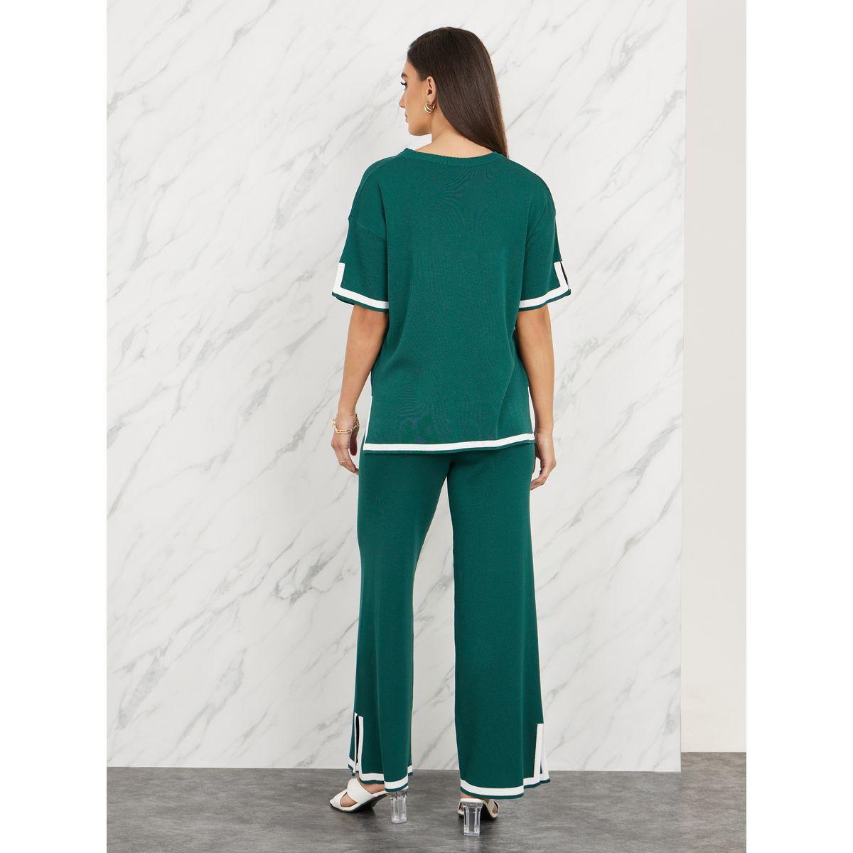 Styli Contrast Tipped Side Slit Detail Knit Blouse and Straight Leg Pant Set-women-clothing-coordsets-image-4