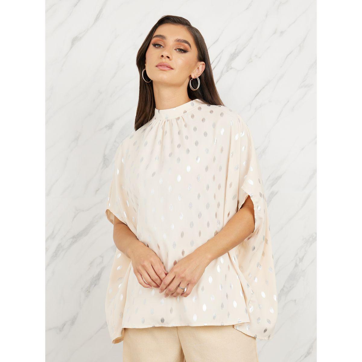 بلوزة بطبعة فويل وياقة عالية مع اكمام كيب-women-clothing-shirtsandblouses-blouses-image-1