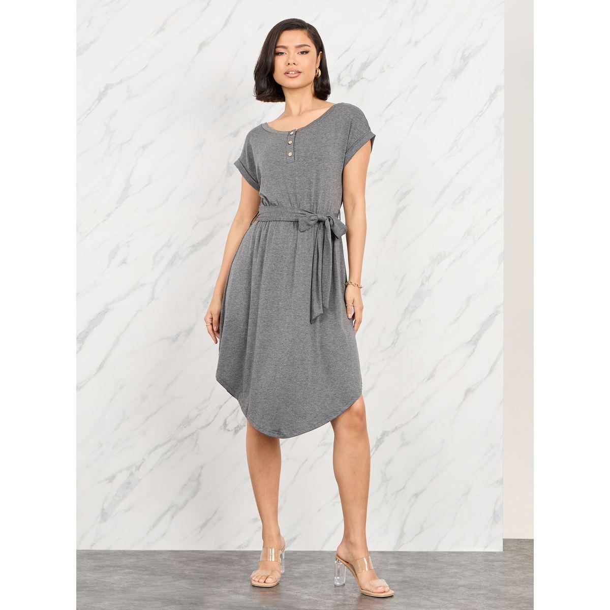 Styli Melange Asymmetric Hem Knee Length Dress with Self Tie  Up-women-clothing-dresses-image-1