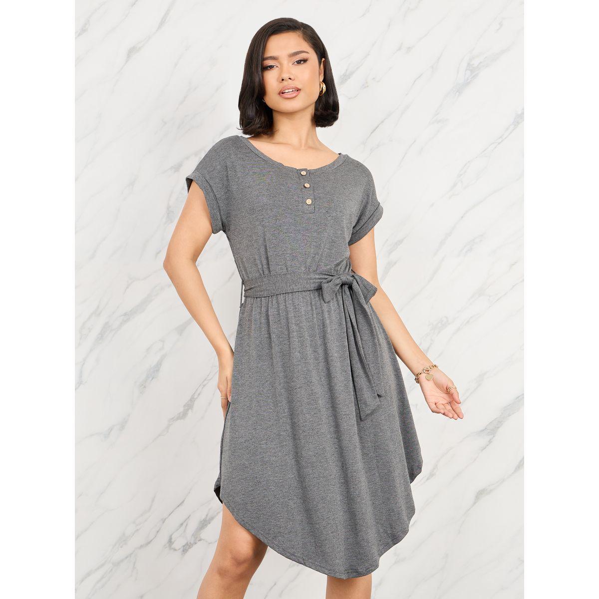 Styli Melange Asymmetric Hem Knee Length Dress with Self Tie  Up-women-clothing-dresses-image-2