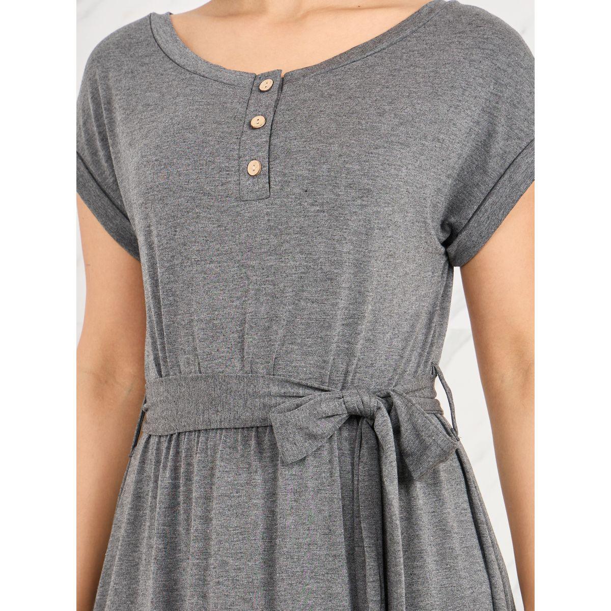 Styli Melange Asymmetric Hem Knee Length Dress with Self Tie  Up-women-clothing-dresses-image-3