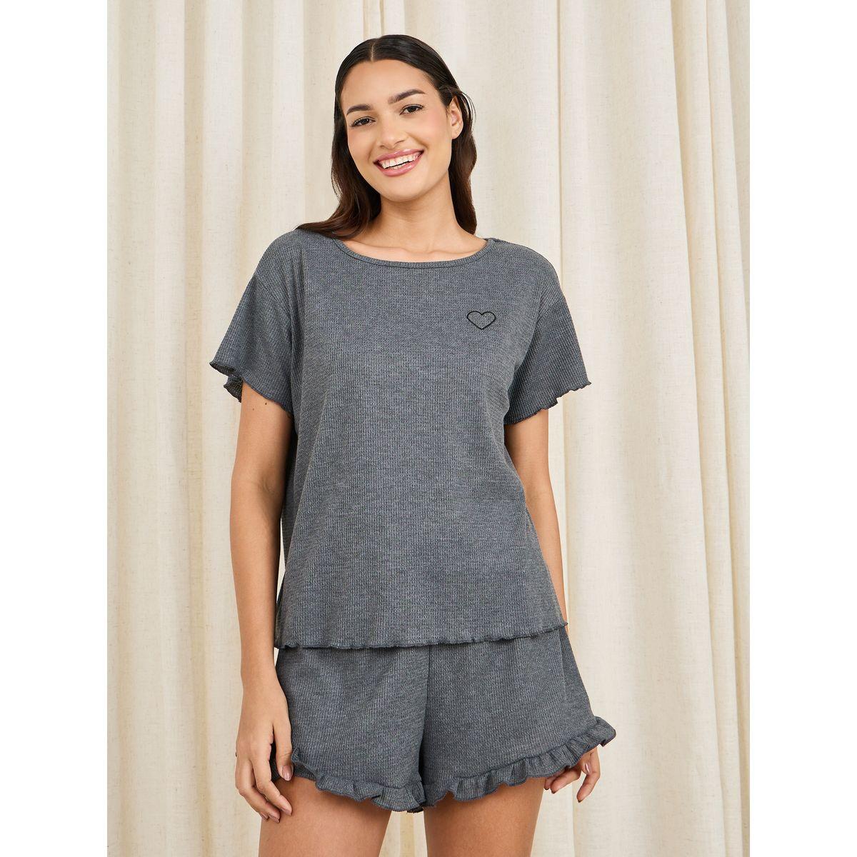 Styli Unwind Ribbed Heart Graphic Print T-shirt and Ruffle Hem Short Set-women-clothing-nightwear-pyjamas-shortsets-image-1