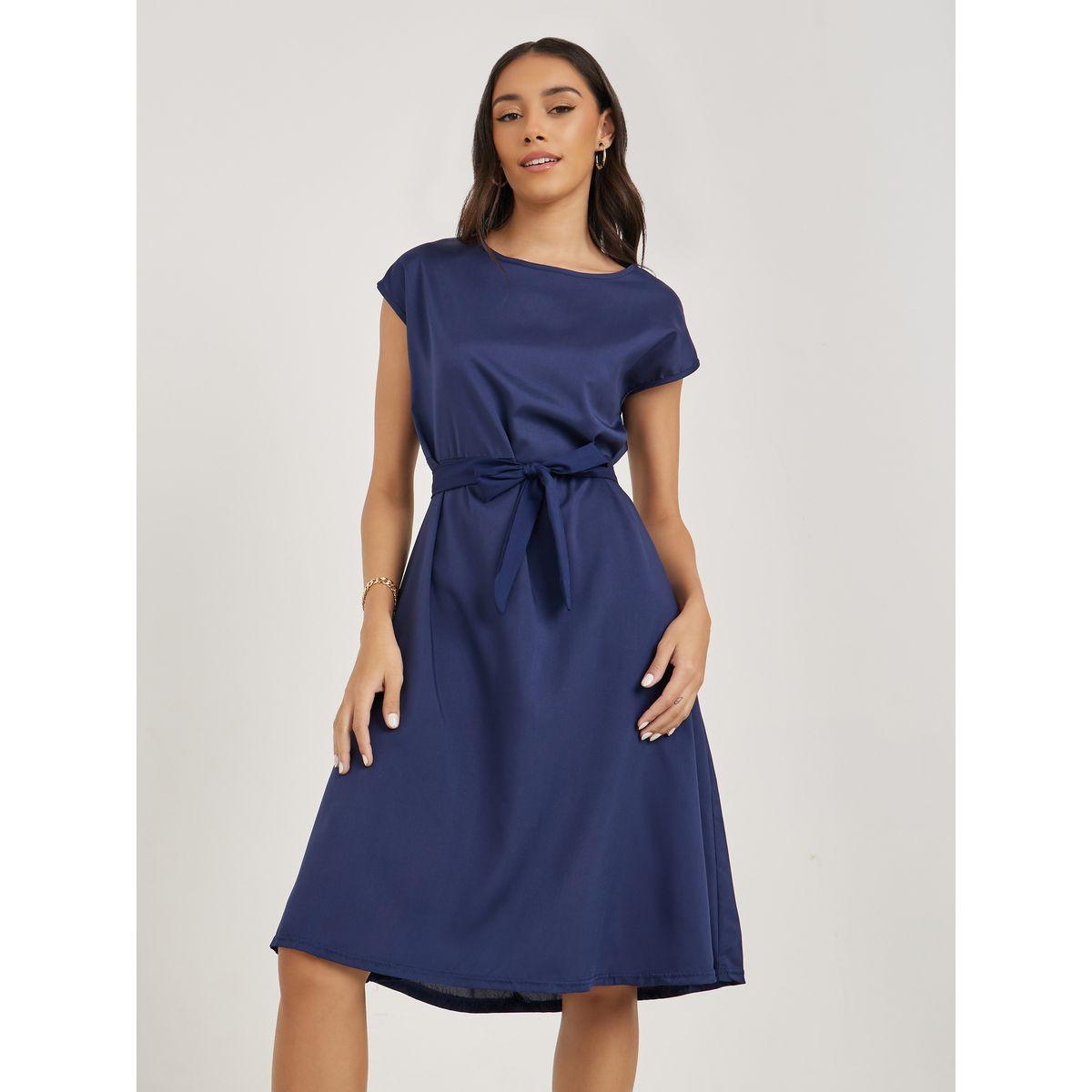 Styli Satin A-Line Midi Dress with Self Tie Up-women-clothing-dresses-image-2