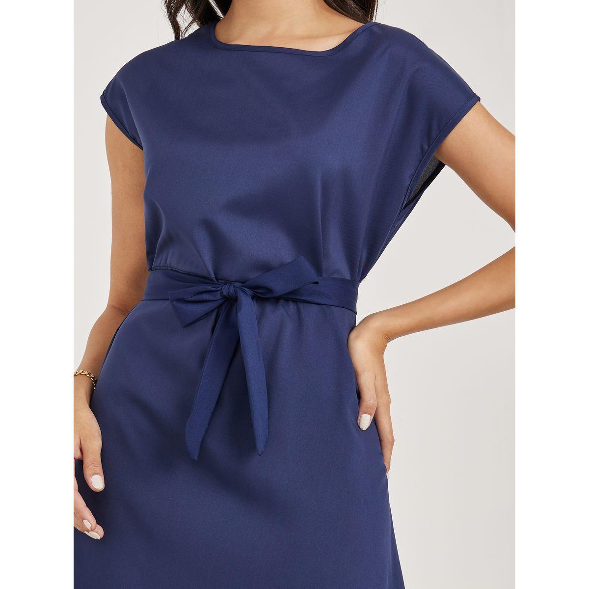 Styli Satin A-Line Midi Dress with Self Tie Up-women-clothing-dresses-image-3