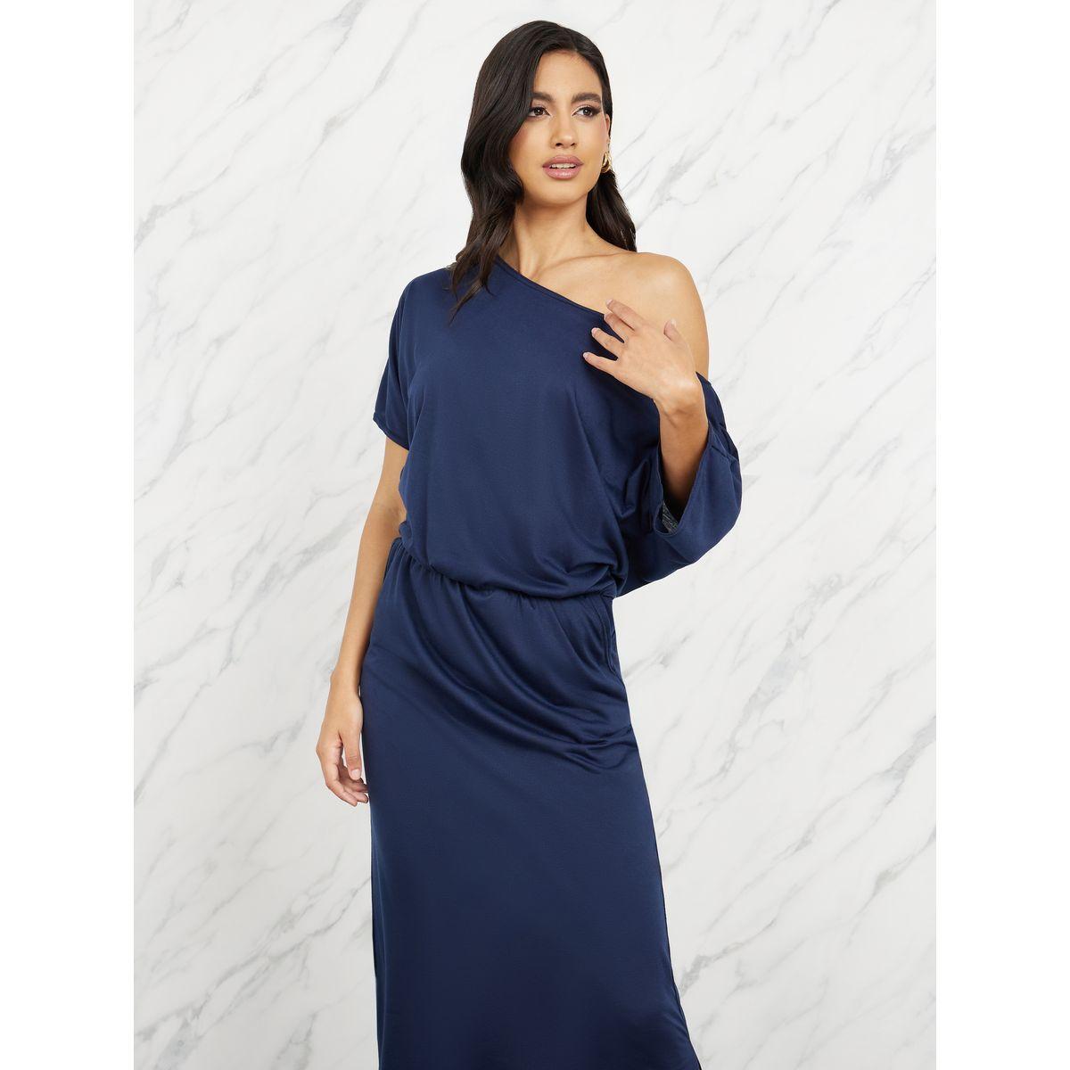 Styli Off Shoulder Neck Sheath Maxi Dress with Side Slit Detail-women-clothing-dresses-image-2