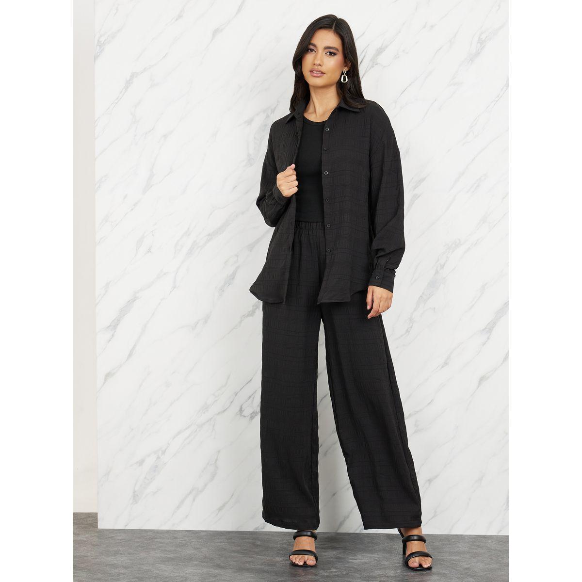 Styli Crepe Textured Drop Shoulder Shirt and Straight Leg Pant Set-women-clothing-coordsets-image-1