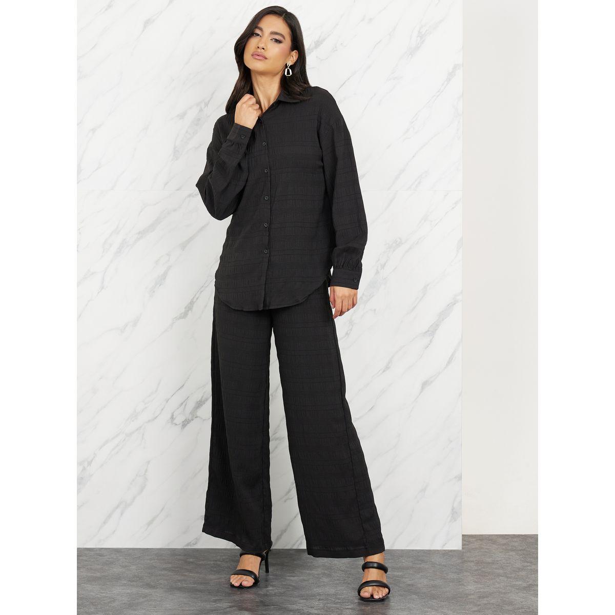 Styli Crepe Textured Drop Shoulder Shirt and Straight Leg Pant Set-women-clothing-coordsets-image-2
