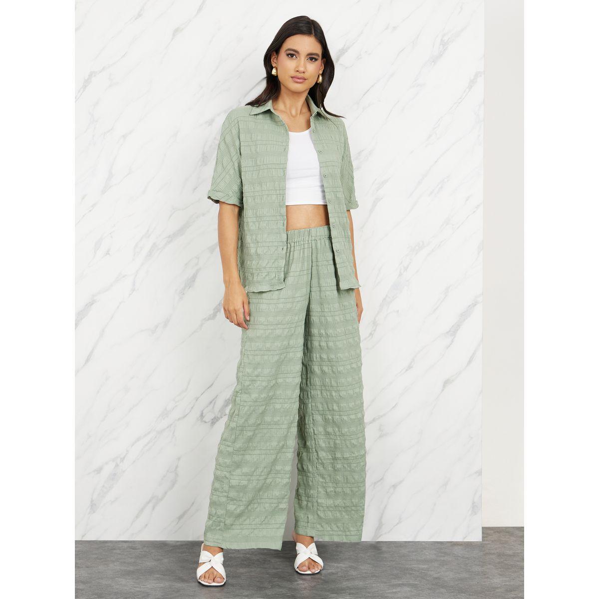 Styli Textured Short Sleeve Shirt & Straight Leg Pants Co-Ord-women-clothing-coordsets-image-1