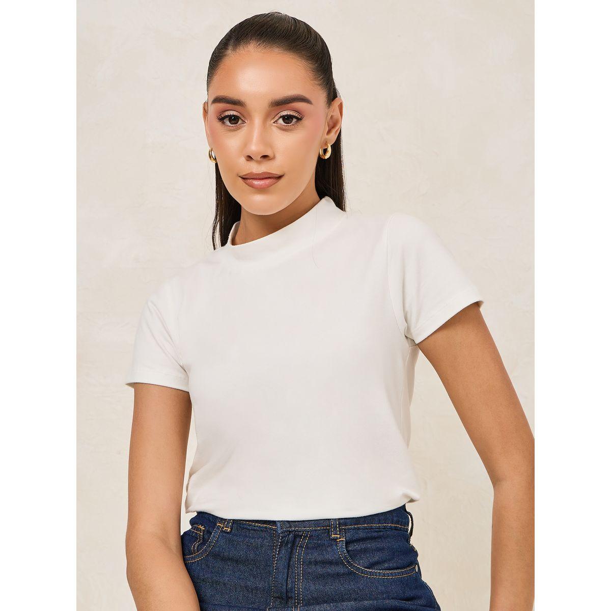 تيشيرت قصير بقصة سليم فت وياقة عالية-women-clothing-tshirts-image-1