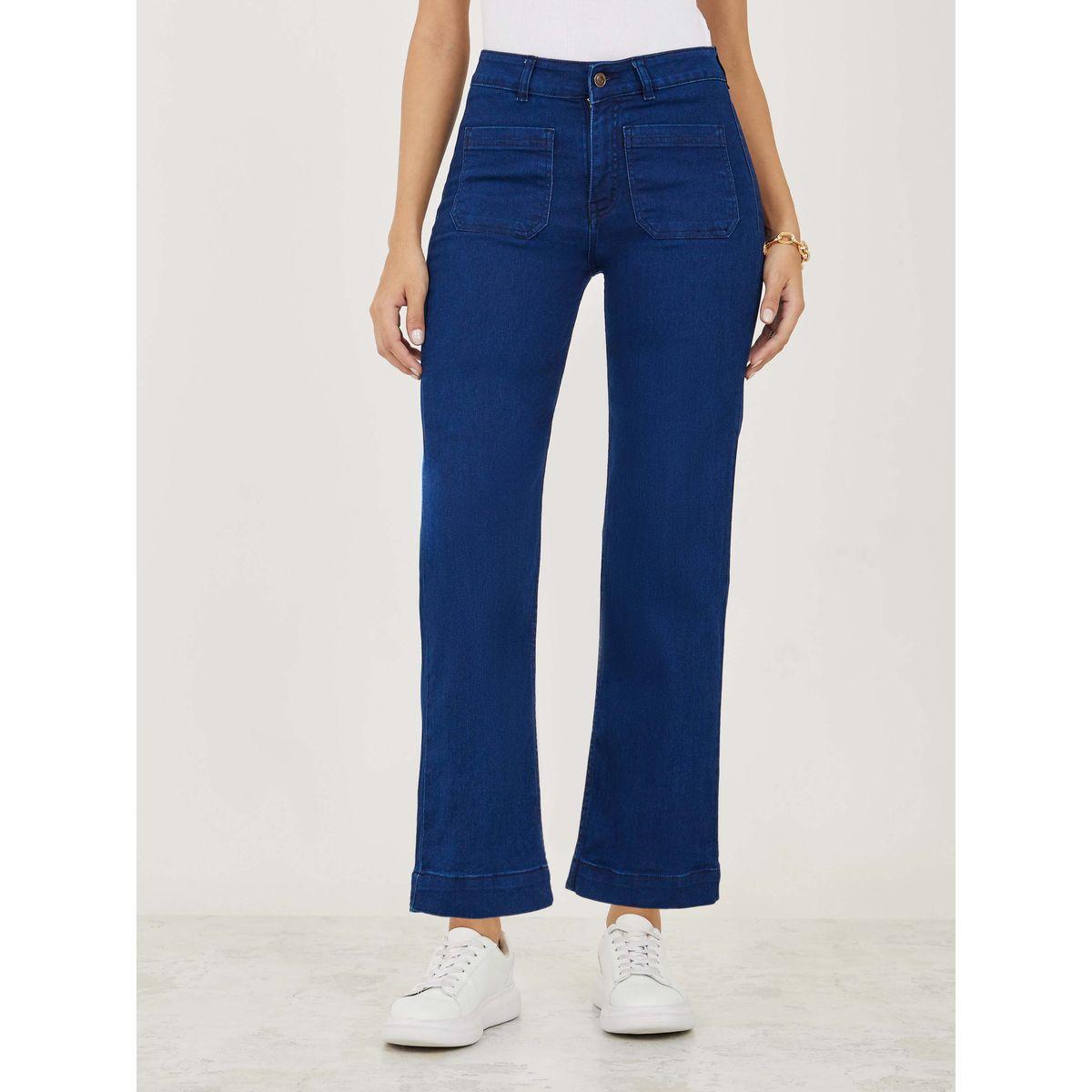 Styli Solid Flared Jeans with Patch Pocket-women-clothing-bottoms-jeans-image-1