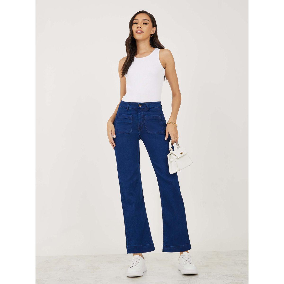Styli Solid Flared Jeans with Patch Pocket-women-clothing-bottoms-jeans-image-2