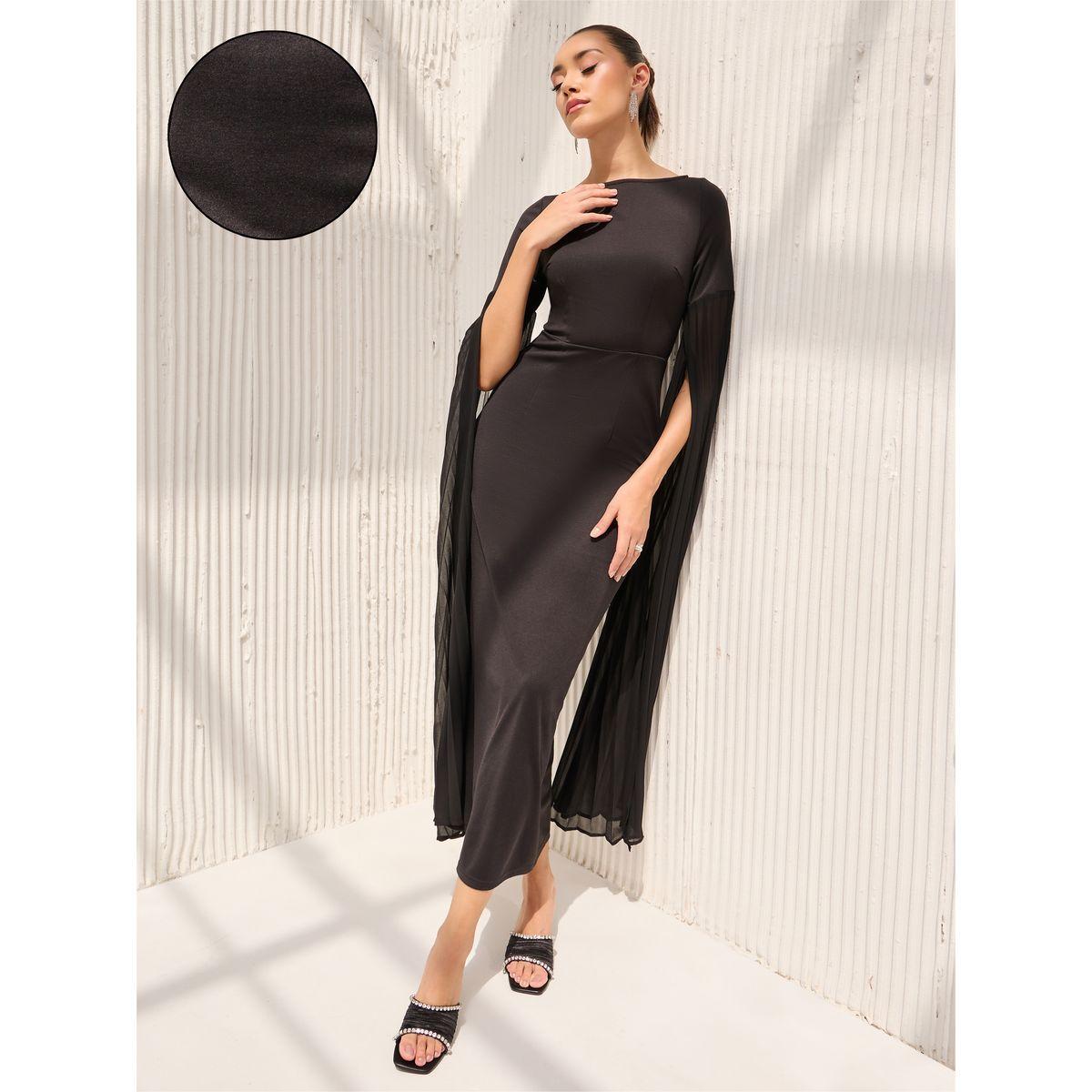 Styli Boat Neck Bodycon Maxi Dress with Pleated Sleeves-women-clothing-dresses-image-1
