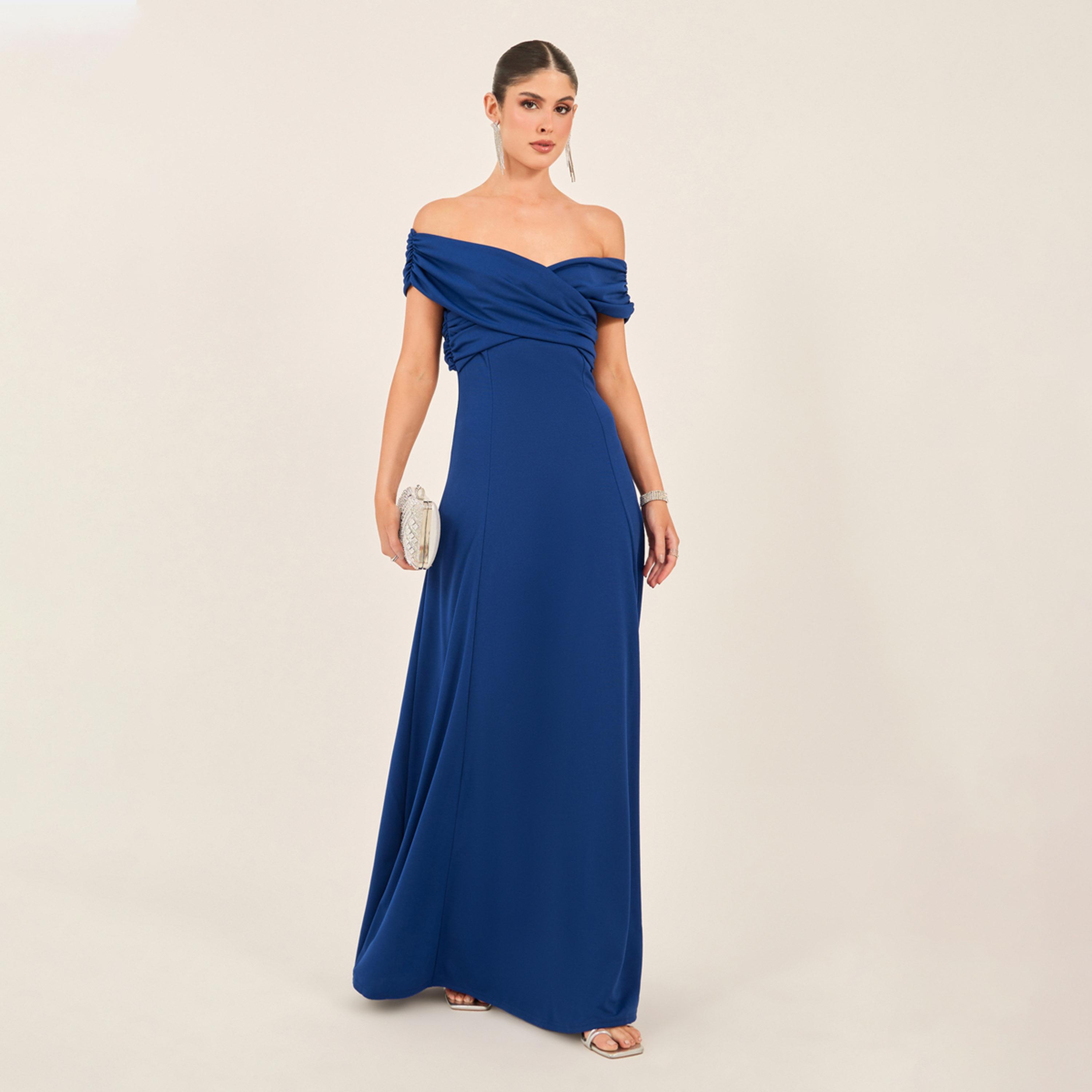 Styli Plain Pleated Off Shoulder A-line Maxi Dress-women-clothing-dresses-image-1
