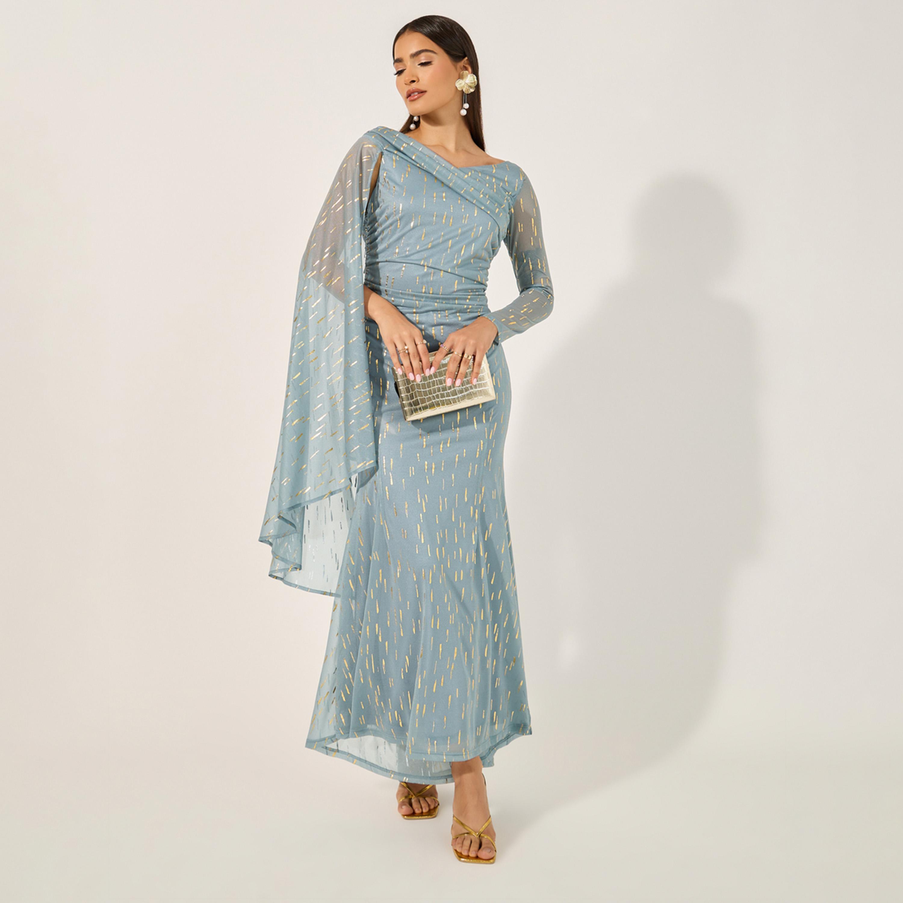 Styli Self Design One Shoulder Cape Maxi Dress-women-clothing-dresses-image-1