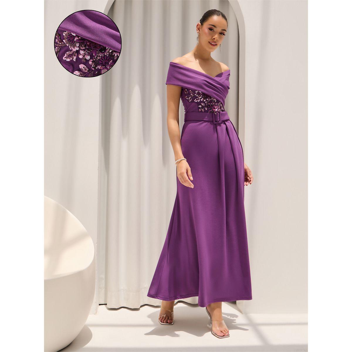 Styli Sequined Off Shoulder Neck Belted Maxi Dress-women-clothing-dresses-image-1