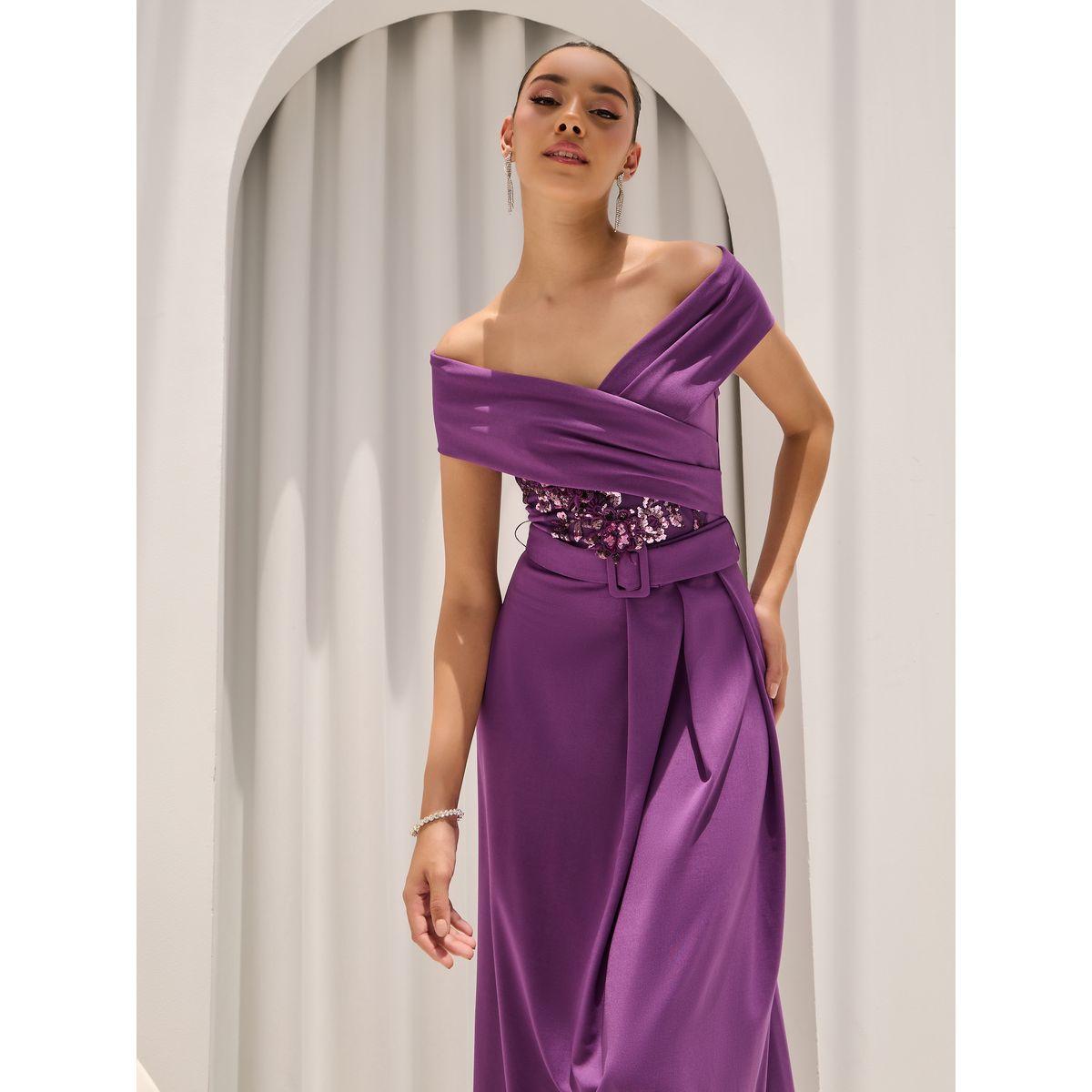 Styli Sequined Off Shoulder Neck Belted Maxi Dress-women-clothing-dresses-image-2