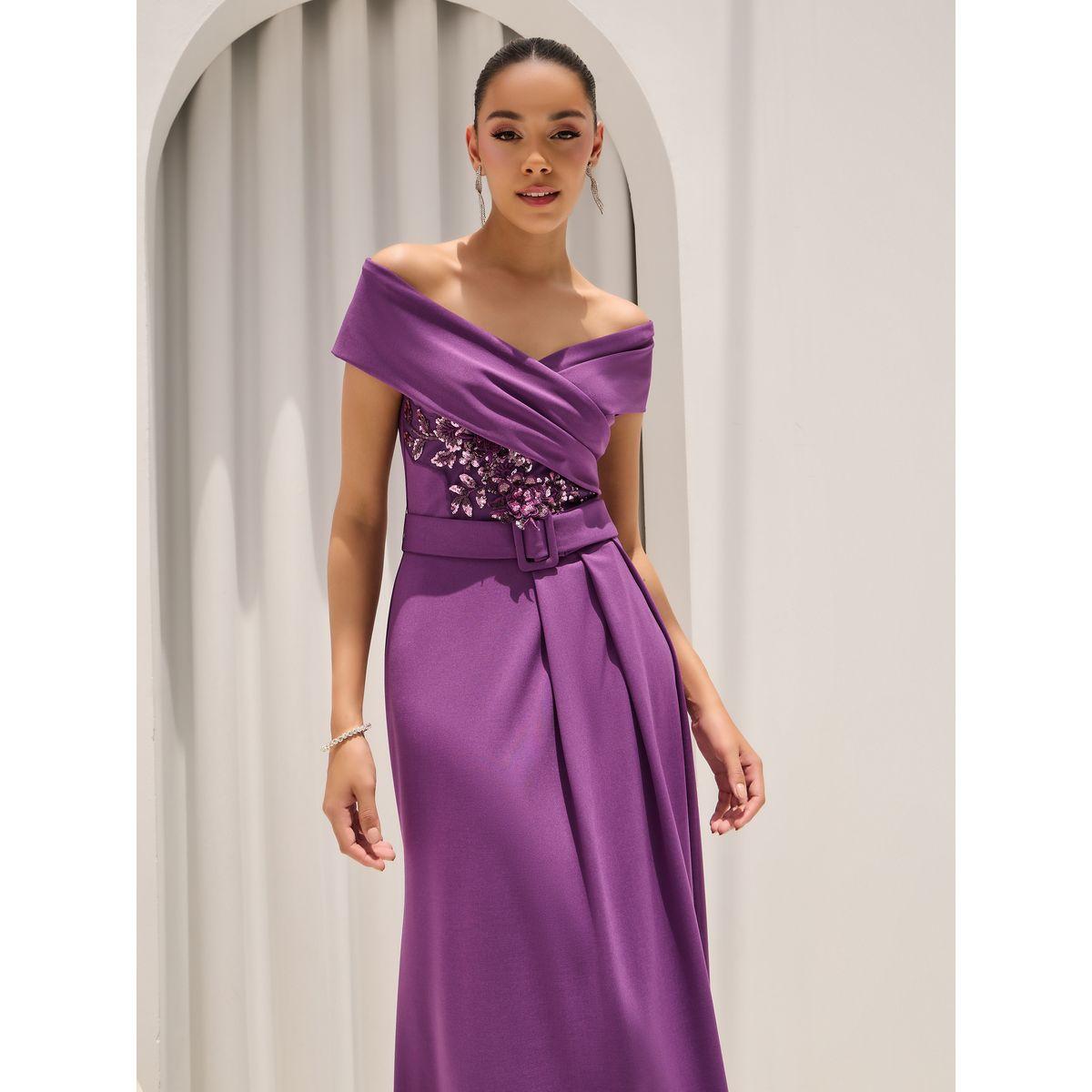 Styli Sequined Off Shoulder Neck Belted Maxi Dress-women-clothing-dresses-image-3