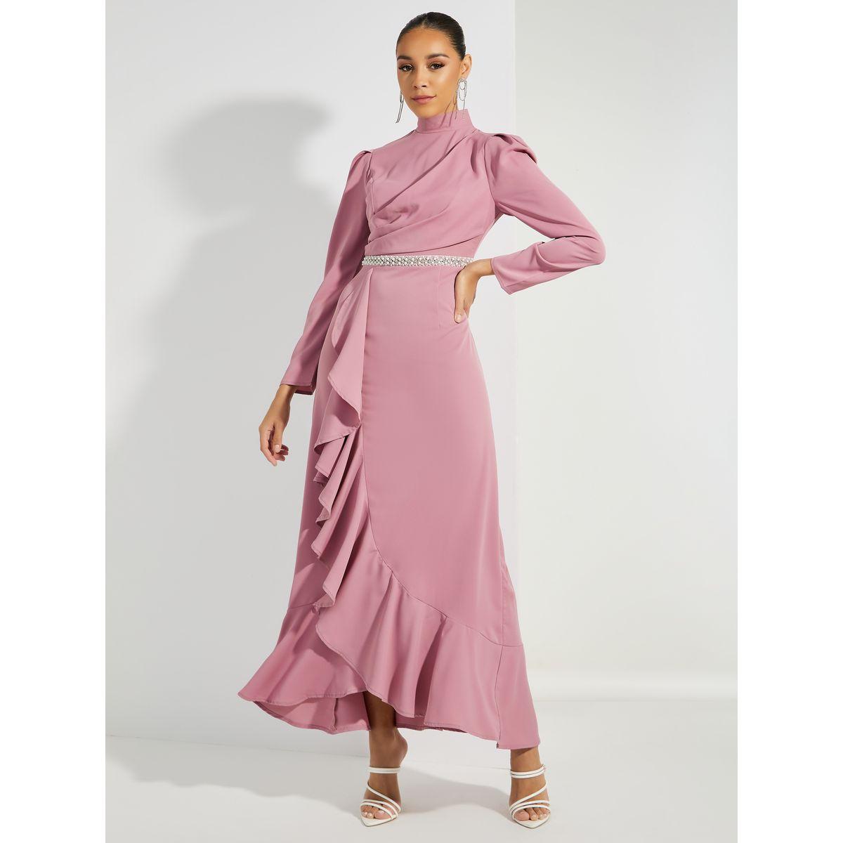 Buy Women s Styli Embellished Waistband Ruffled A Line Maxi Dress Online Centrepoint KSA