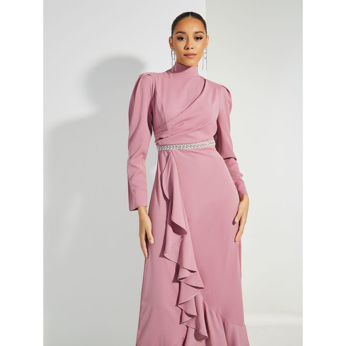 فستان طويل منمق بلؤلؤ مع تفاصيل كشكش-women-clothing-dresses-image-2