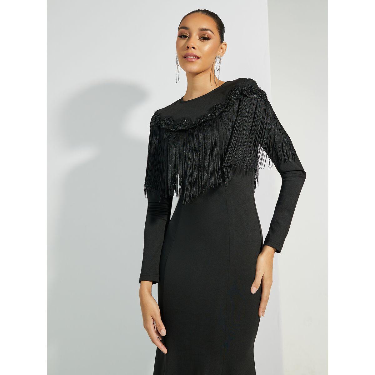 Styli Embellished Long Sleeves Mermaid Maxi Dress with Tassels-women-clothing-dresses-image-2