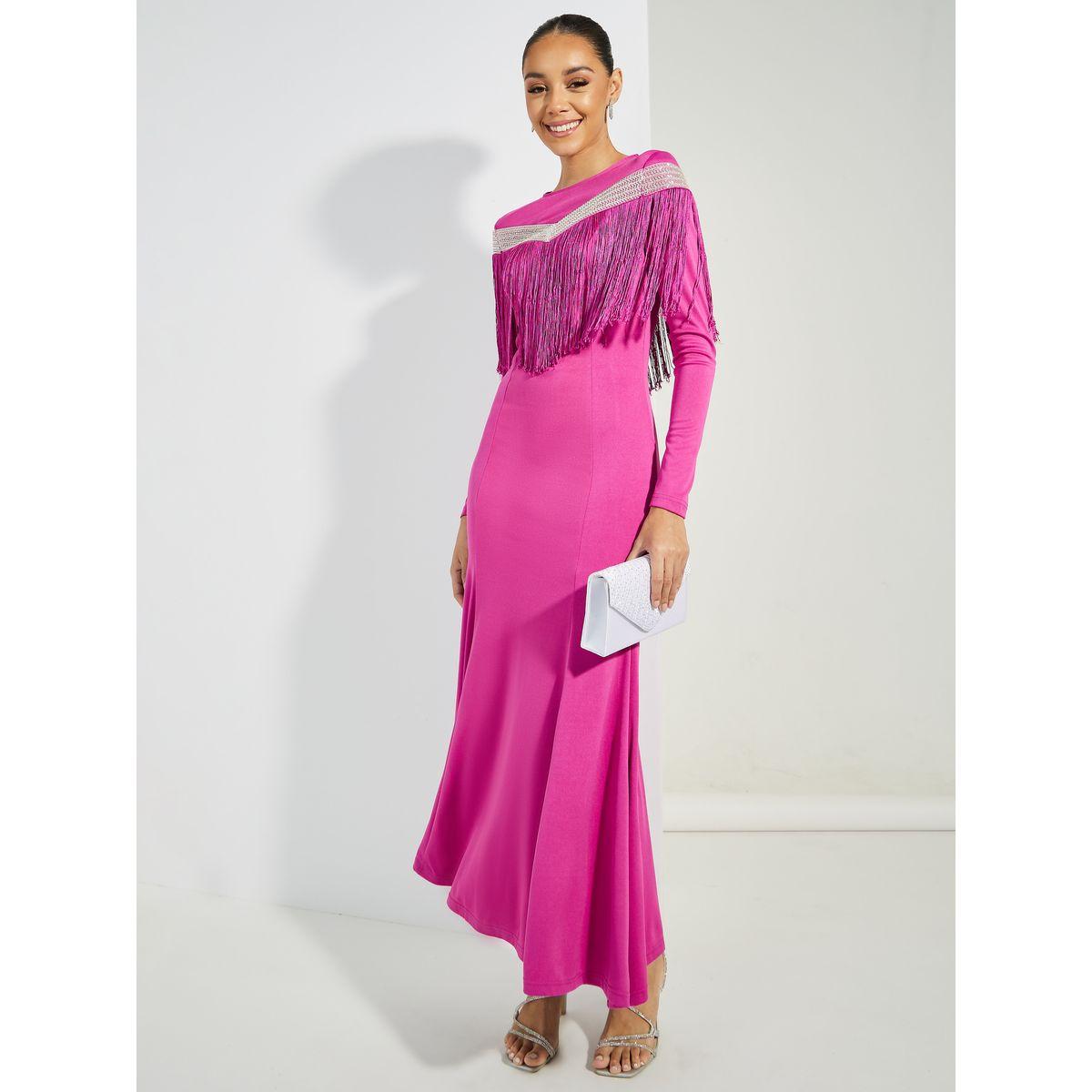 فستان طويل بنمط حورية البحر مع اكمام طويلة وشراشيب-women-clothing-dresses-image-1