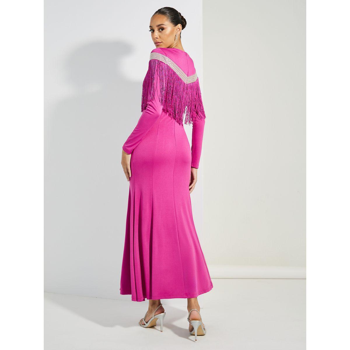 فستان طويل بنمط حورية البحر مع اكمام طويلة وشراشيب-women-clothing-dresses-image-4