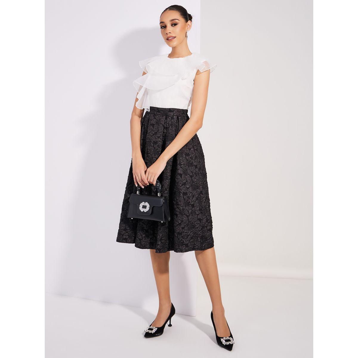 Styli Limited Organza Frill Flared Jacquard Midi Dress-women-clothing-dresses-image-1