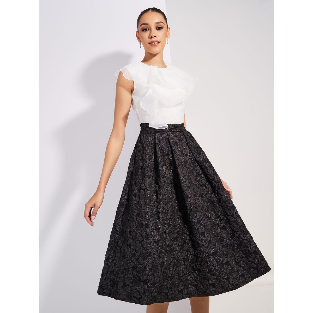 Styli Limited Organza Frill Flared Jacquard Midi Dress-women-clothing-dresses-image-2