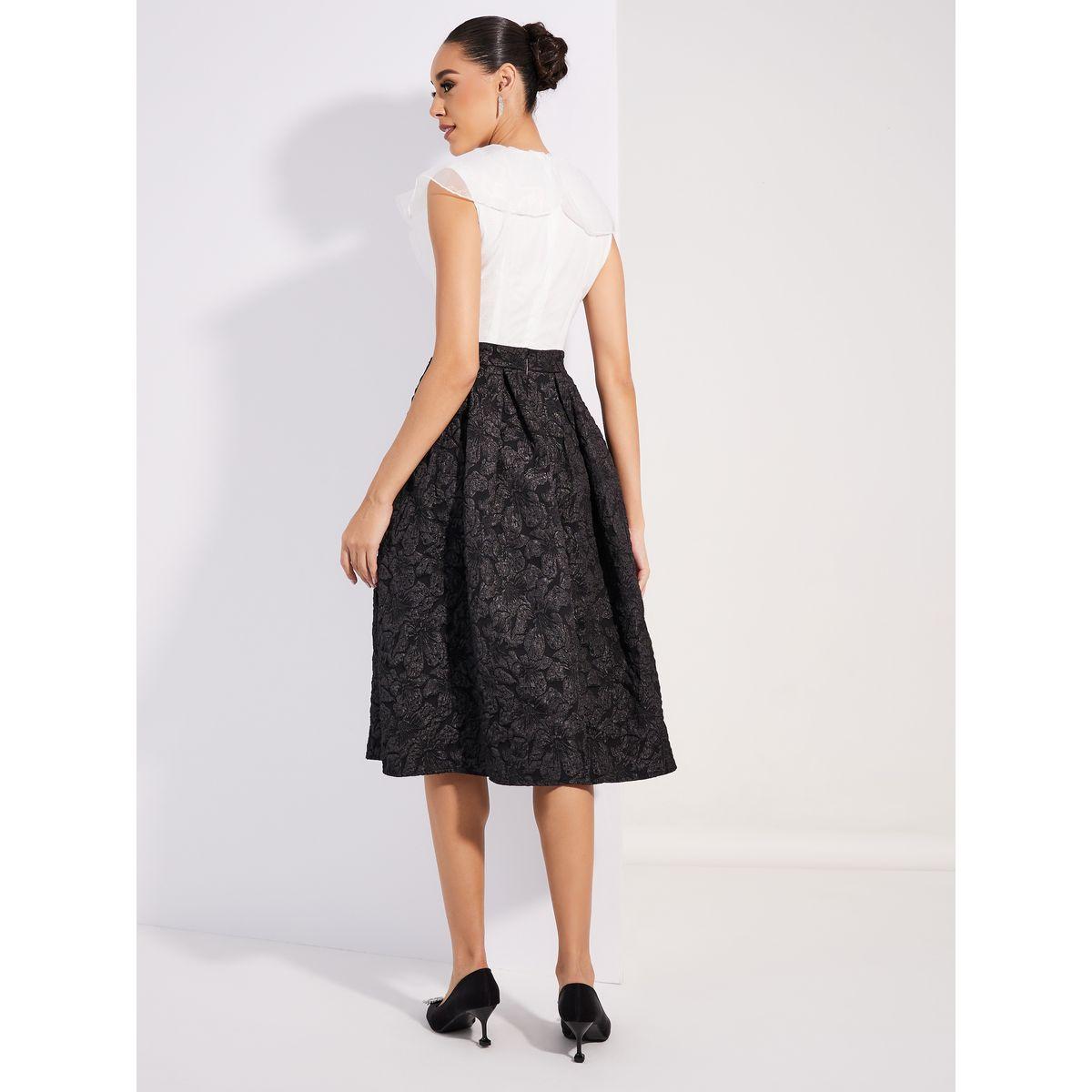 Styli Limited Organza Frill Flared Jacquard Midi Dress-women-clothing-dresses-image-4