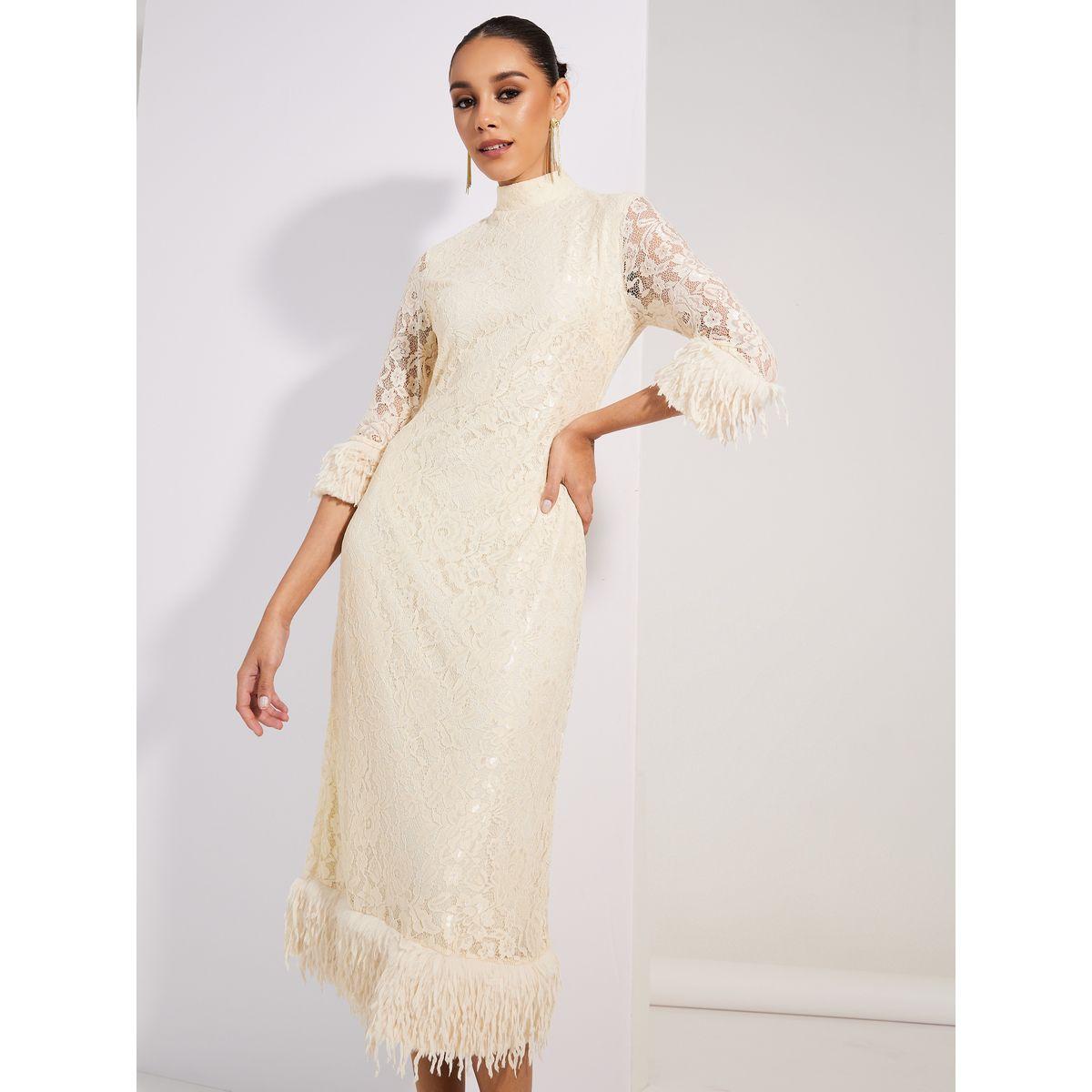 Styli Limited Lace Insert Faux Fur Detail Sheath Midi Dress-women-clothing-dresses-image-2