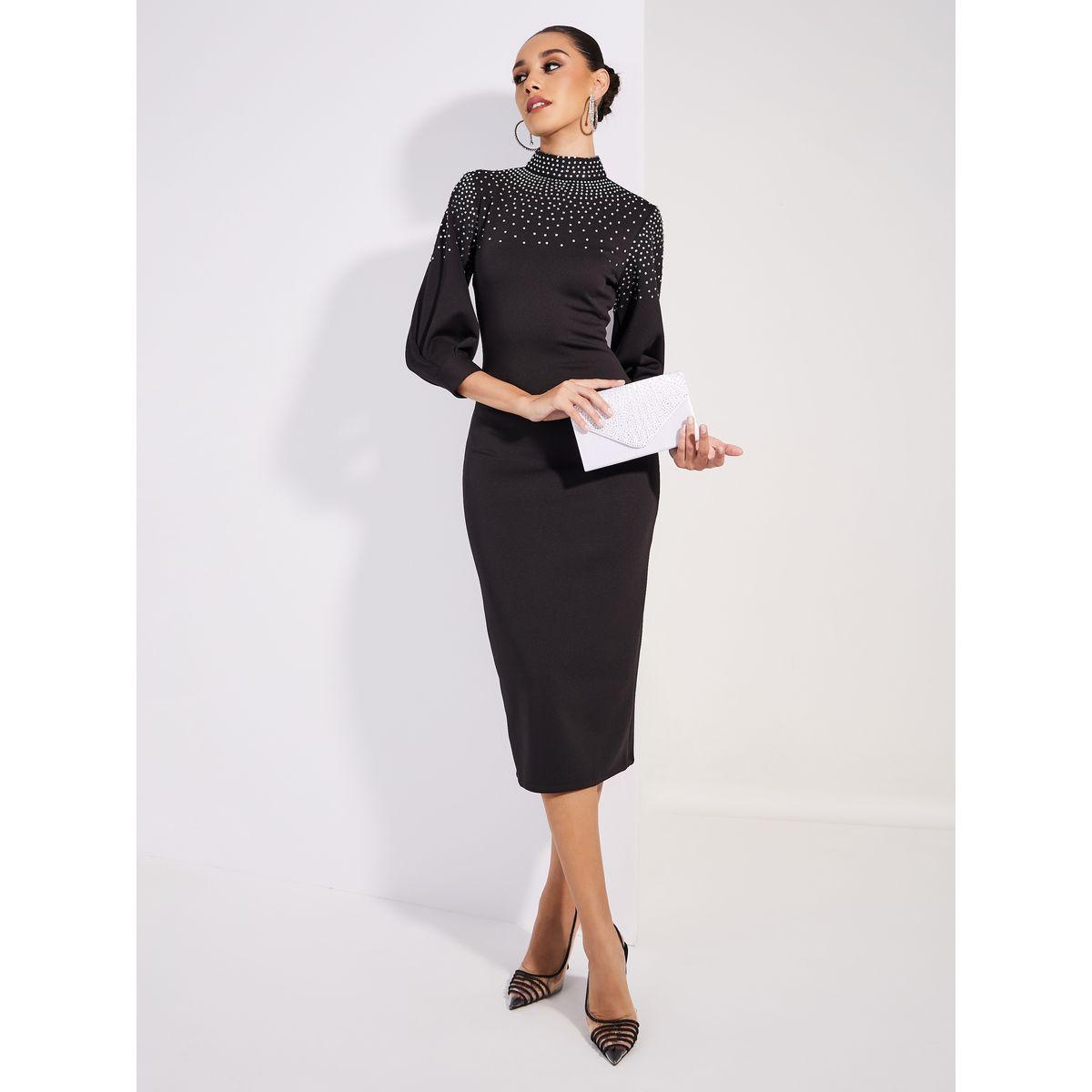 فستان يديكون ميدي بياقة عالية ومزين بحجر الراين-women-clothing-dresses-image-1