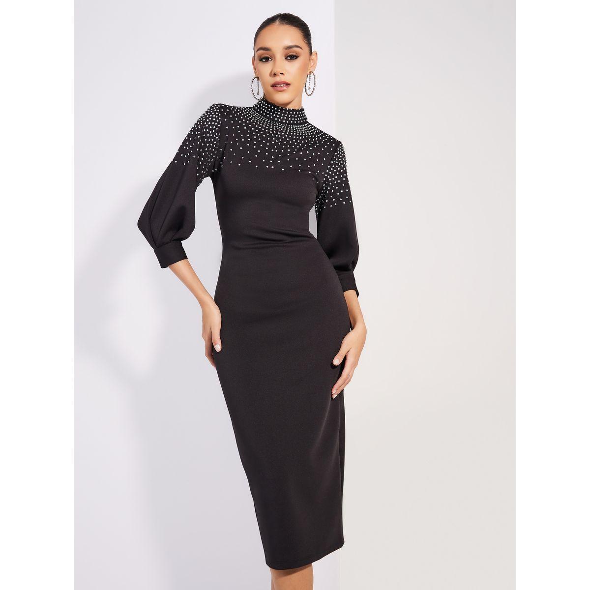 فستان يديكون ميدي بياقة عالية ومزين بحجر الراين-women-clothing-dresses-image-2
