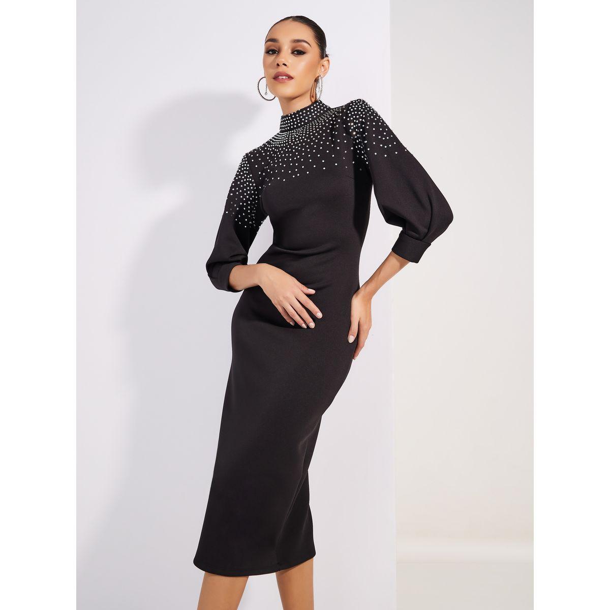 فستان يديكون ميدي بياقة عالية ومزين بحجر الراين-women-clothing-dresses-image-3