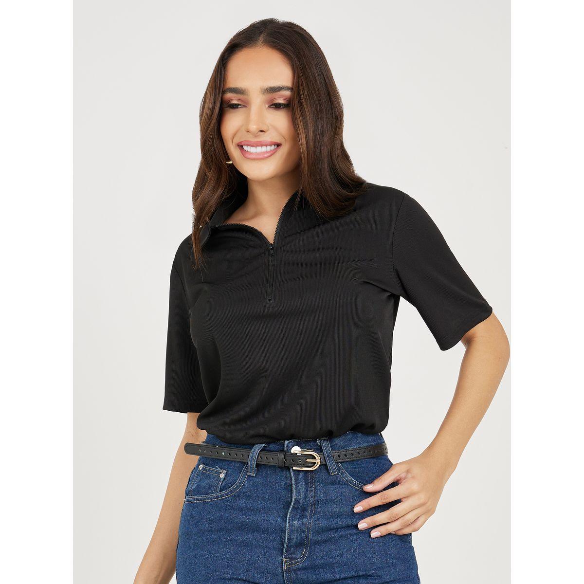 تيشيرت بياقة بولو وسحَّاب غلق امامي-women-clothing-tshirts-image-1