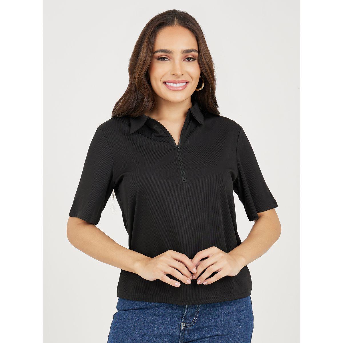 Styli Collared Ribbed Polo T-shirt with Front Zip-women-clothing-tshirts-image-2