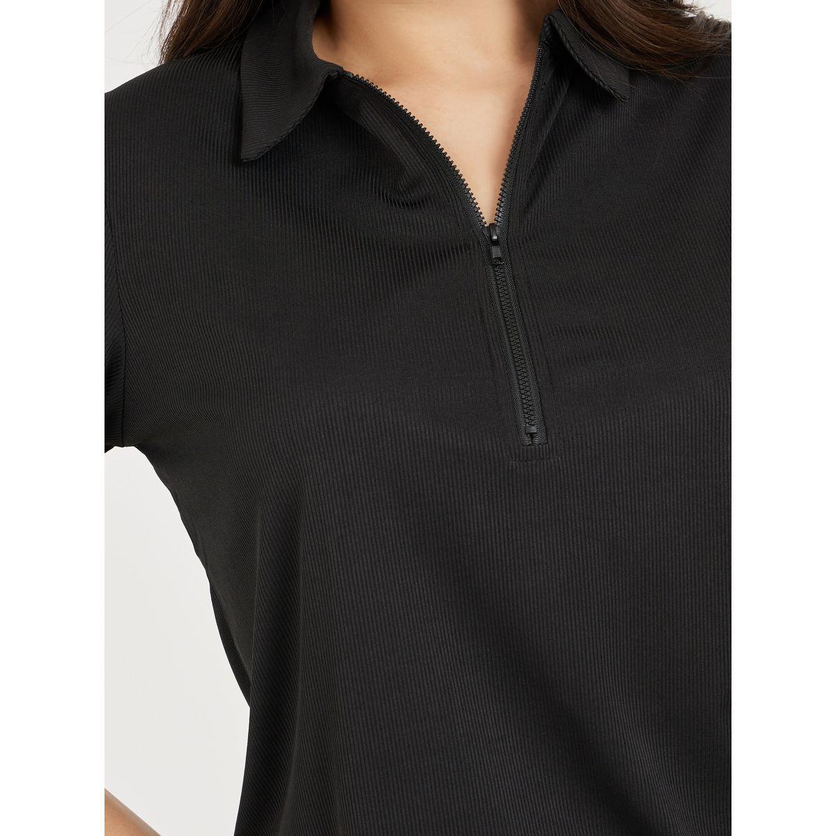 Styli Collared Ribbed Polo T-shirt with Front Zip-women-clothing-tshirts-image-4