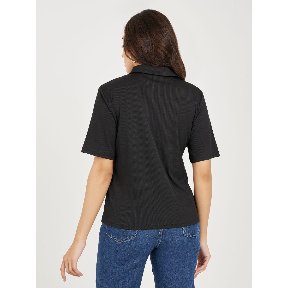 Styli Collared Ribbed Polo T-shirt with Front Zip-women-clothing-tshirts-image-5
