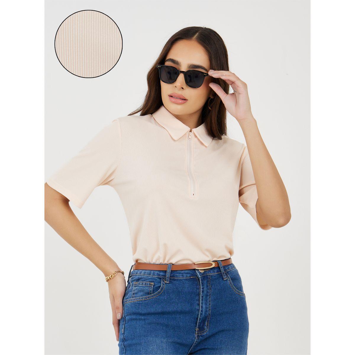 Styli Regular Fit Ribbed Polo T-Shirt with Half Zip-women-clothing-tshirts-image-1