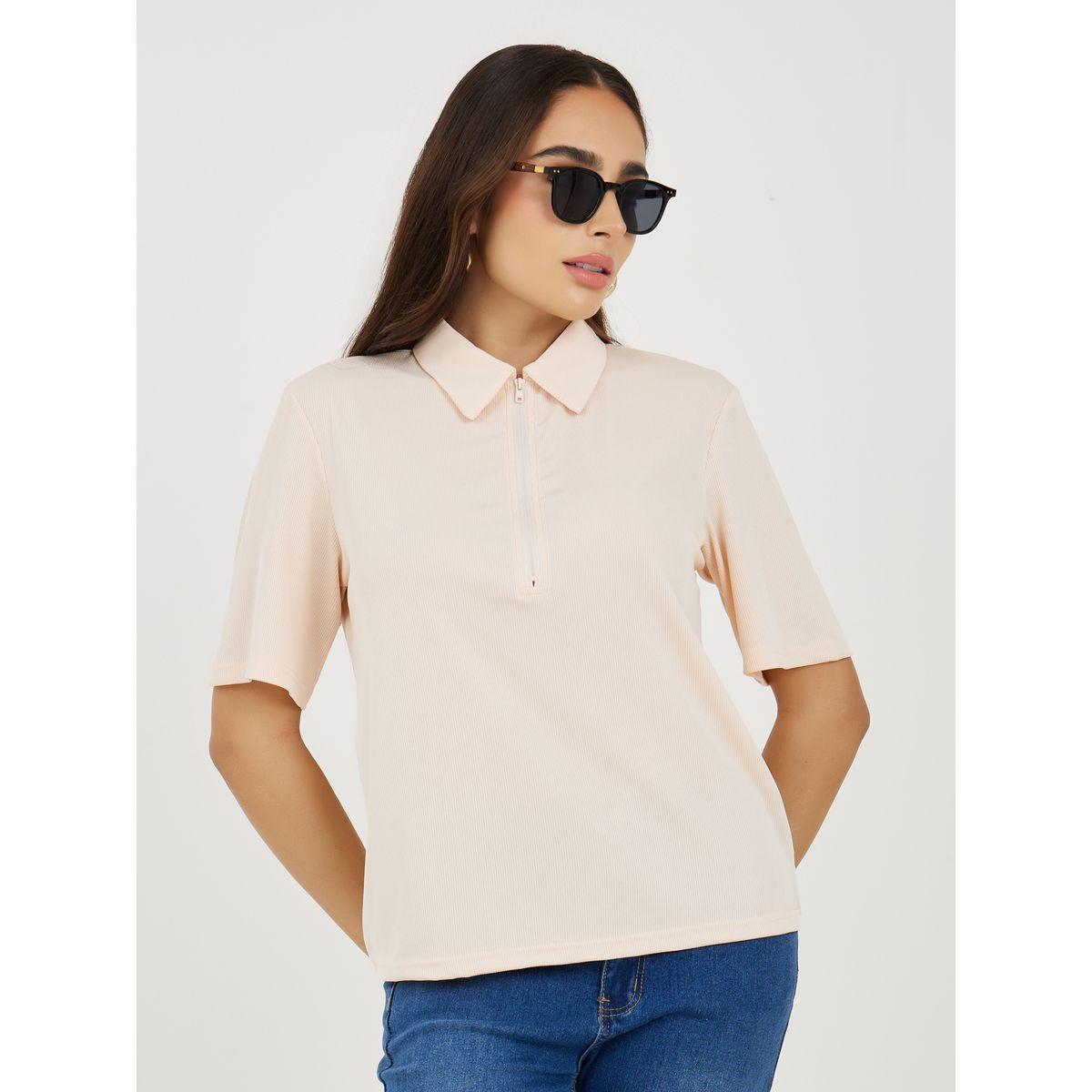 Styli Regular Fit Ribbed Polo T-Shirt with Half Zip-women-clothing-tshirts-image-2