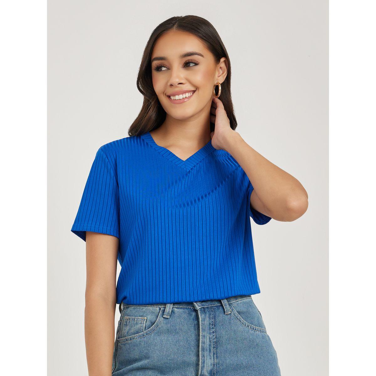 Styli Ribbed Regular Fit V Neck T-Shirt-women-clothing-tshirts-image-1